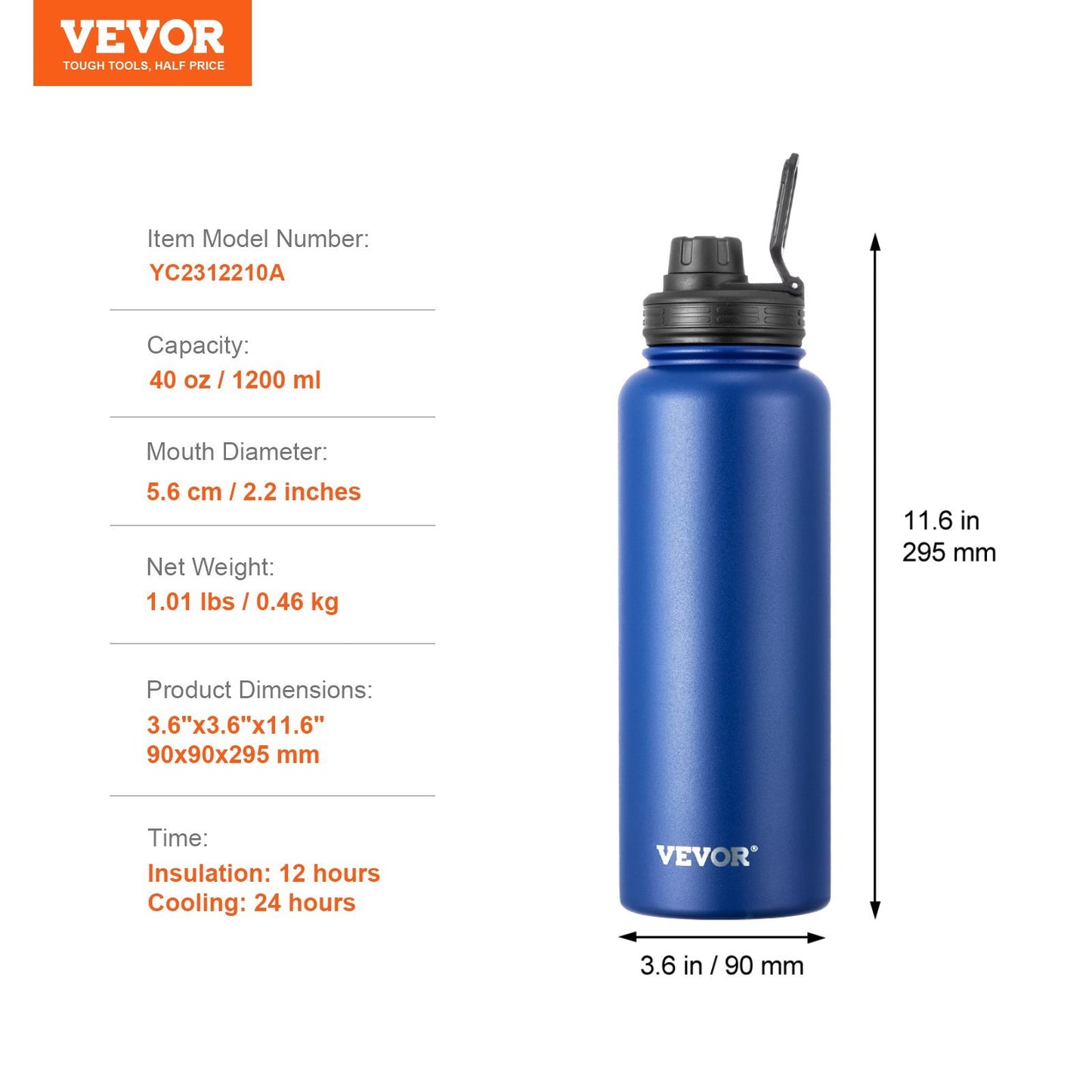 40 Oz Insulated Water Bottle Stainless Steel, Wide Mouth